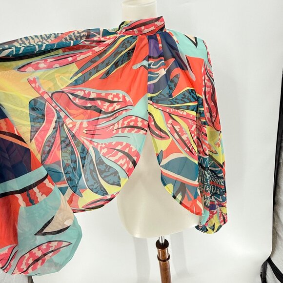 Multicolor Sheer Chiffon Floral Cape Top With Tie-Neck Detail - Picture 3 of 7